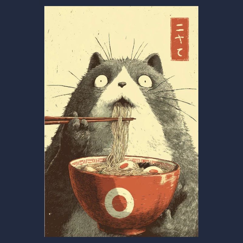 Chat choqué mangeant des ramen