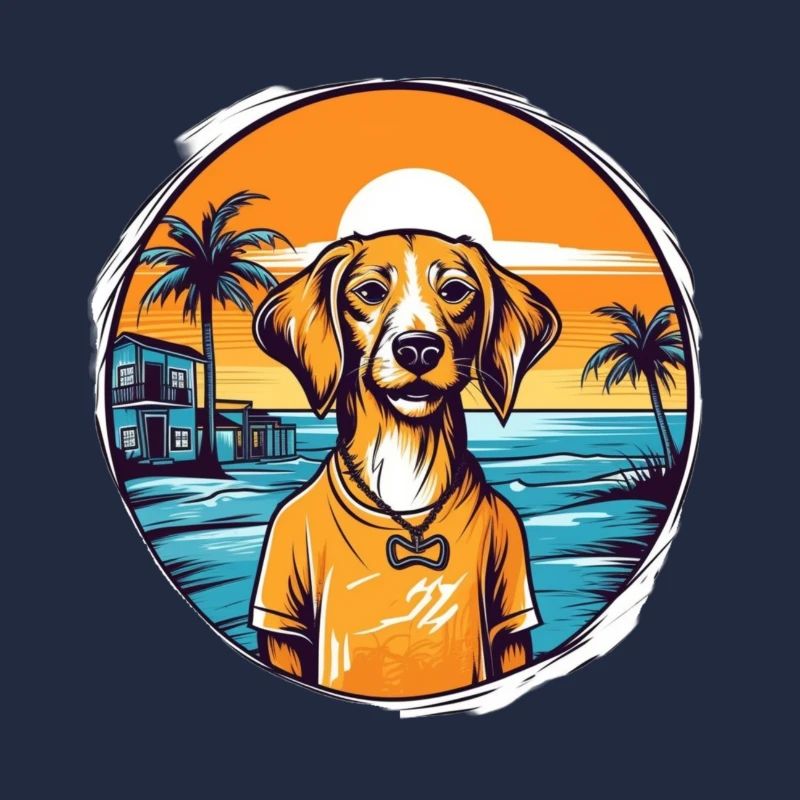 Chien avec coucher de soleil sur la plage