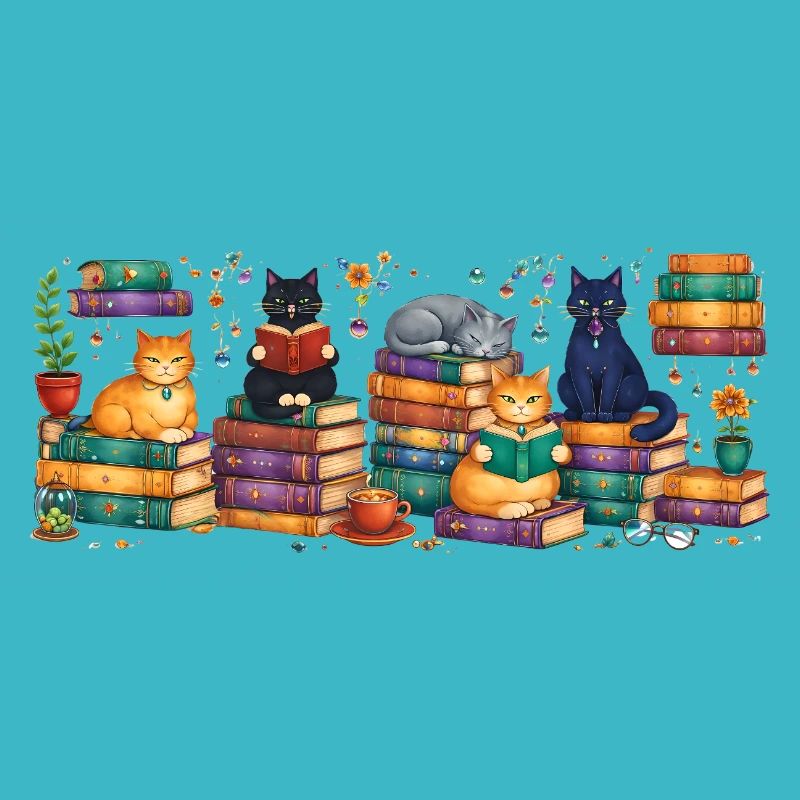 Lesende Katzen mit Bücherstapeln
