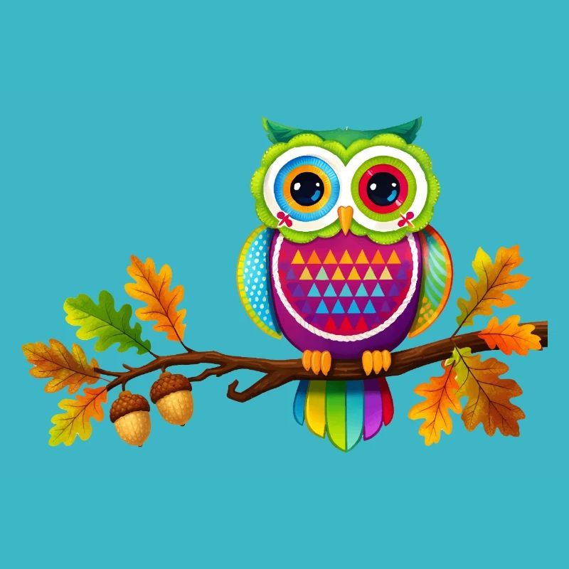 Bunte Eule auf Ast mit Herbstblättern