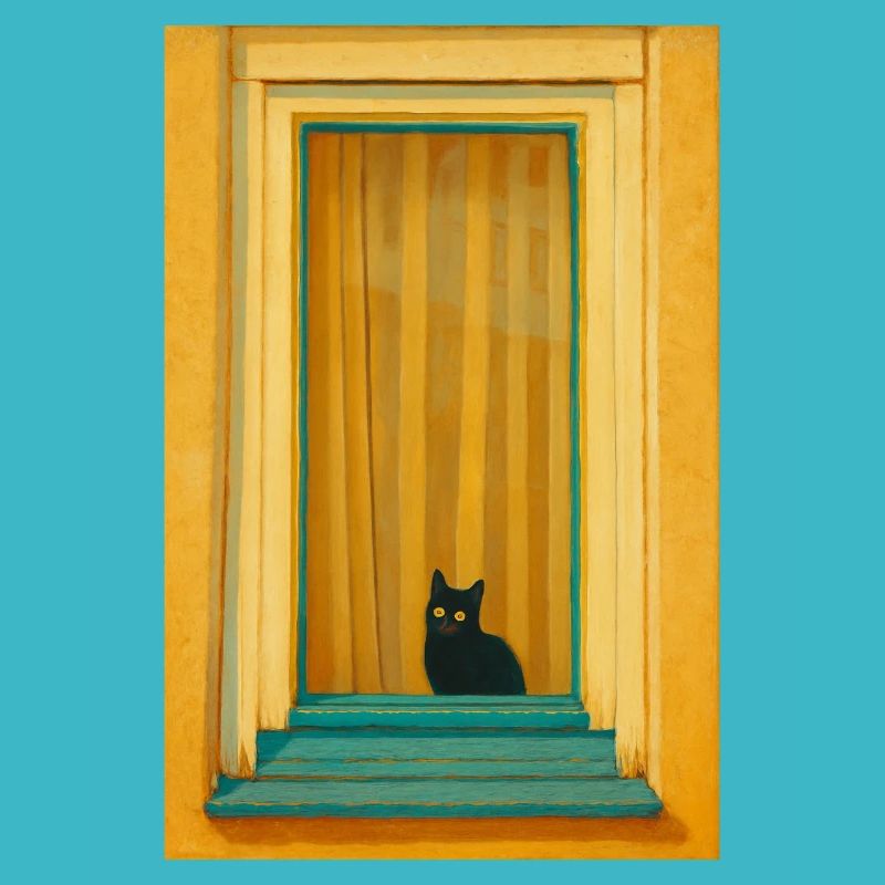 Chat dans un cadre de fenêtre turquoise