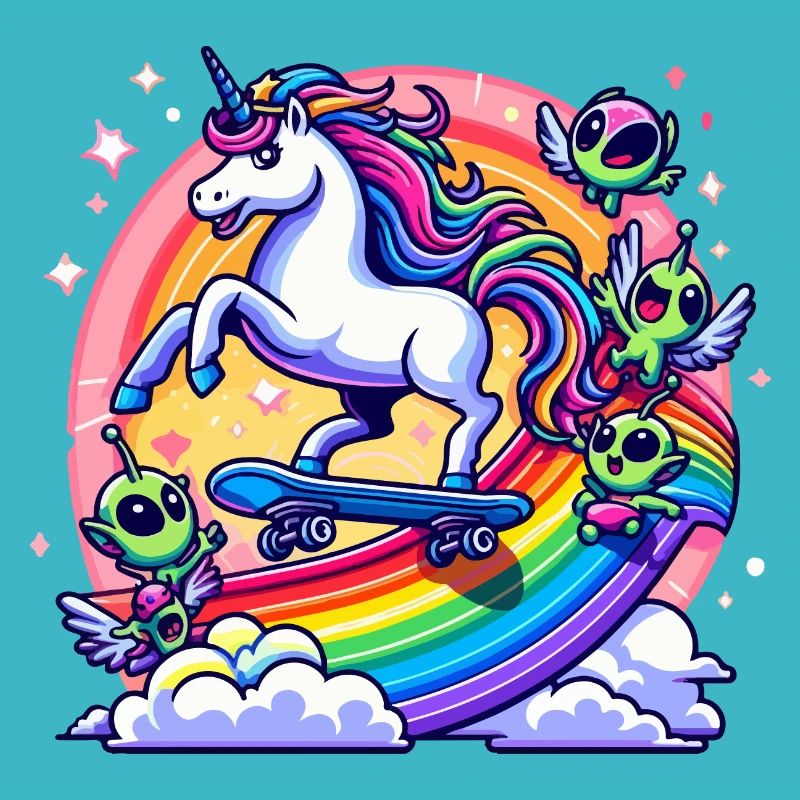 Unicorn on a skateboard on a rainbow with aliens