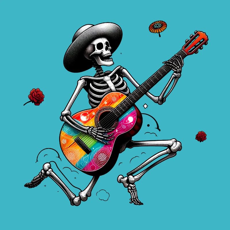 Skeleton playing guitar.