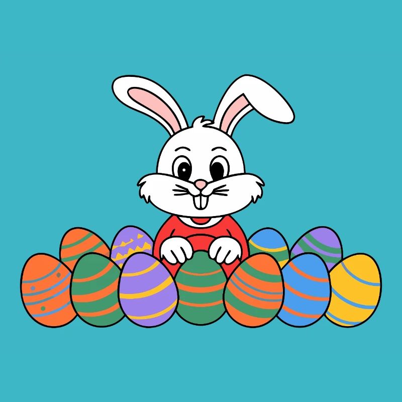 Funny Easter bunny with lots of colorful Easter eggs