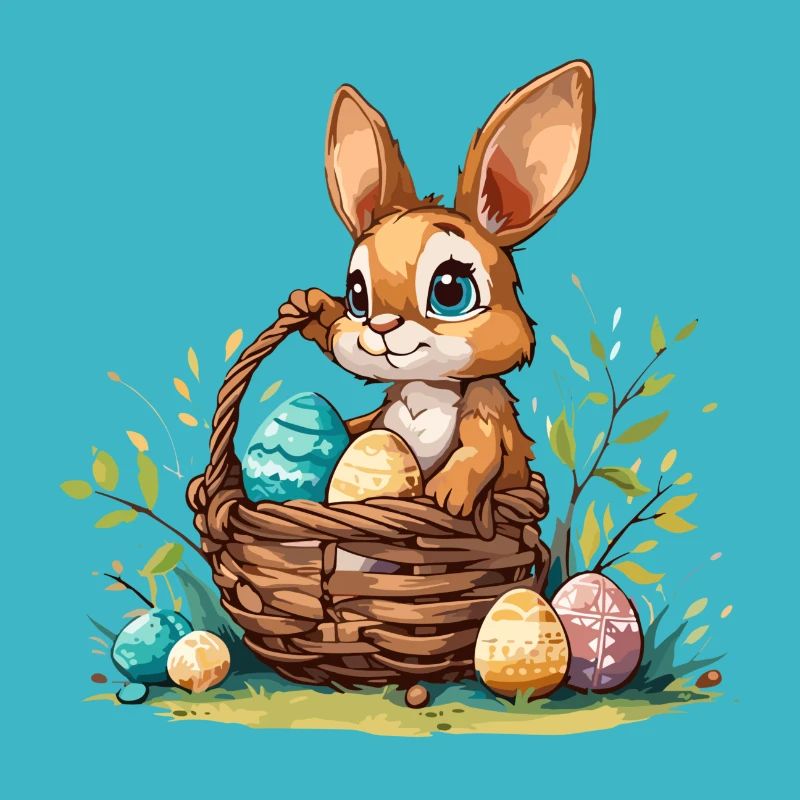 Hase mit einem befüllten Osterkorb mit Eiern