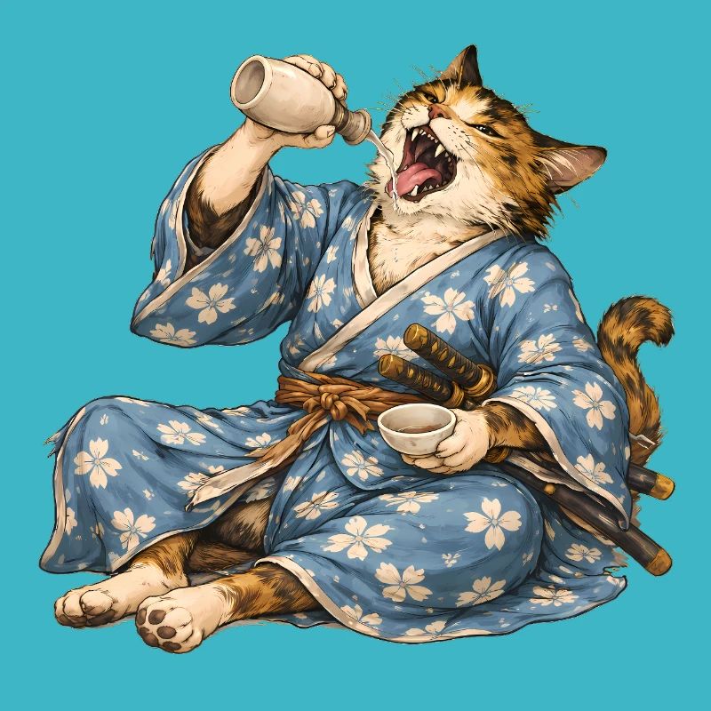 Samurai-Katzen-Sake im japanischen Ukiyo-e-Stil