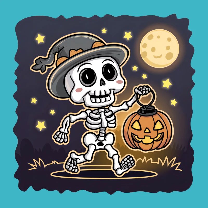 Cute Skeleton with Pumpkin Lantern Halloween