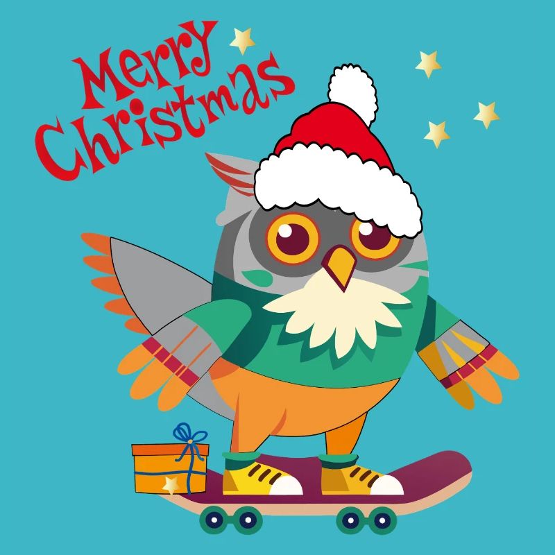 Hibou de Noël sur planche à roulettes