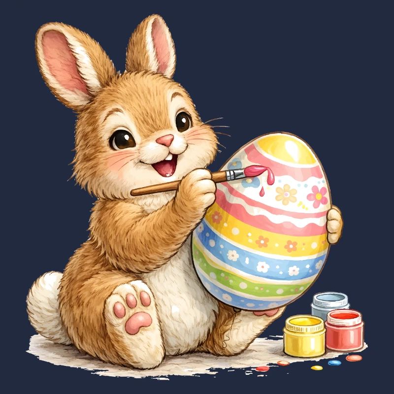 Bunny happily paints a colorful Easter egg