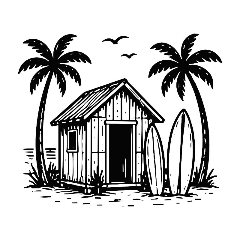 Plage Hutte Surf Planches Palmiers Vacances Été