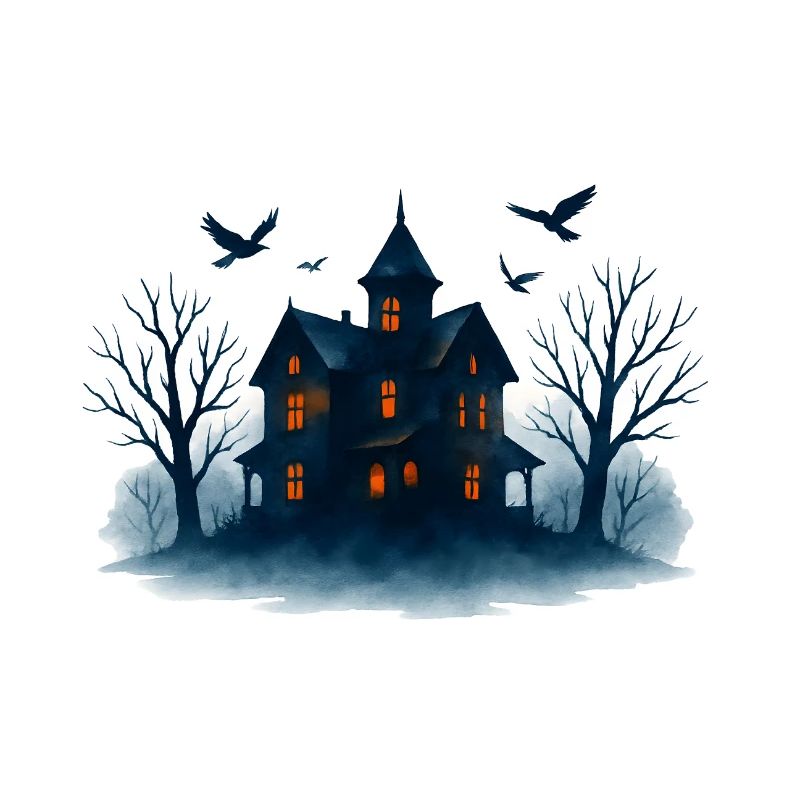 Maison hantée bleue au clair de lune