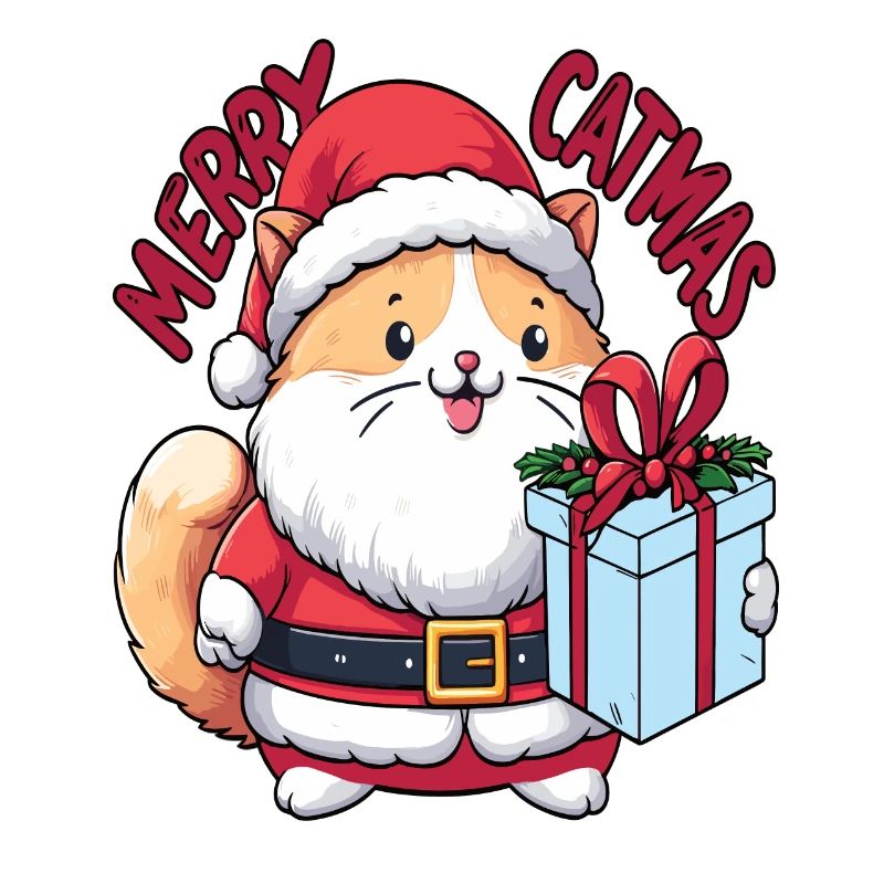 Dicke Katze als Weihnachtsmann mit Geschenk Merry Catmas