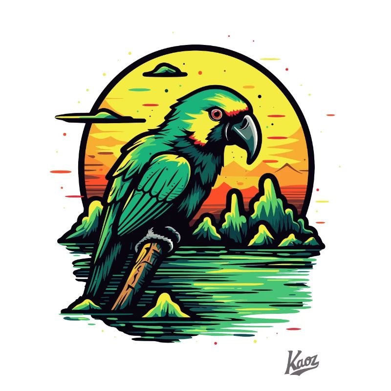 Coucher de soleil et perroquet vert