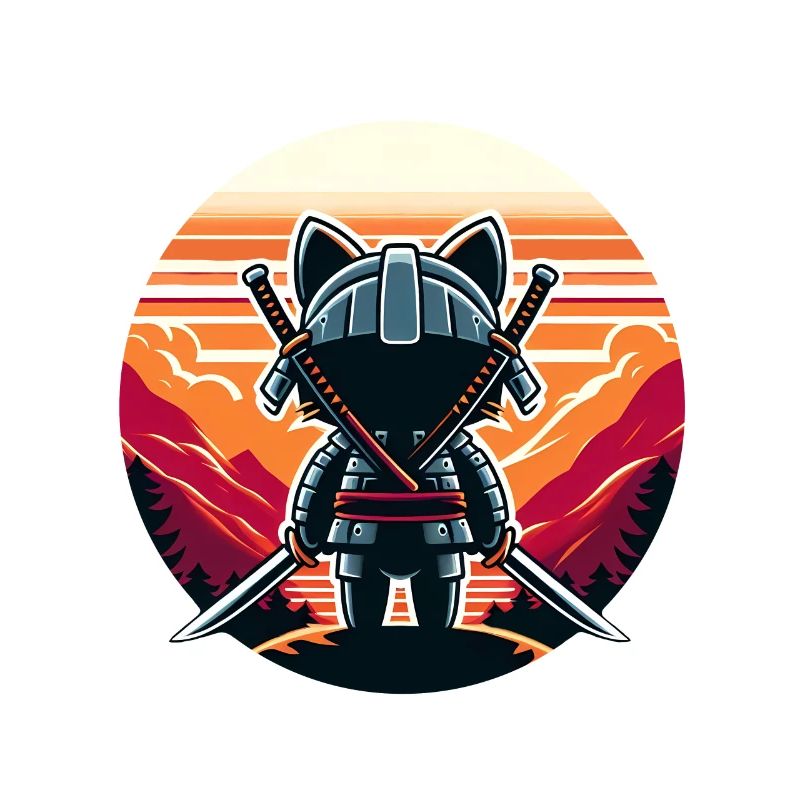 Samurai Cat Katanas Watching Sunset and Mountains