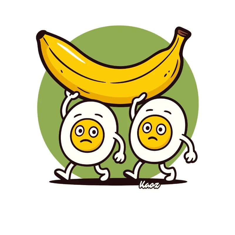 Zwei traurige Eier tragen eine Banane