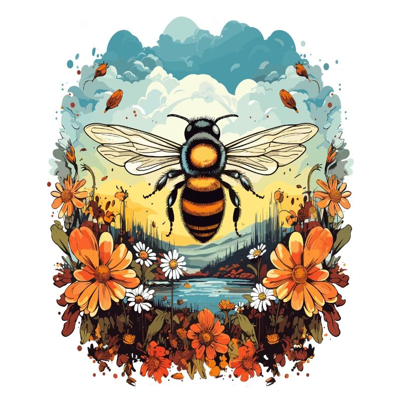 Bee light over flower meadow