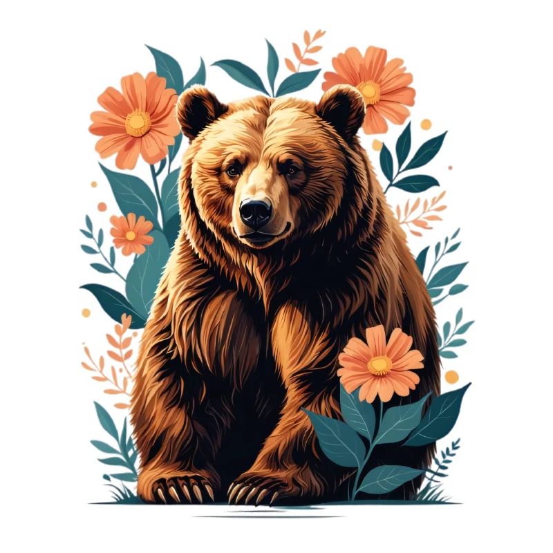 Ours brun dans un cadre de fleurs