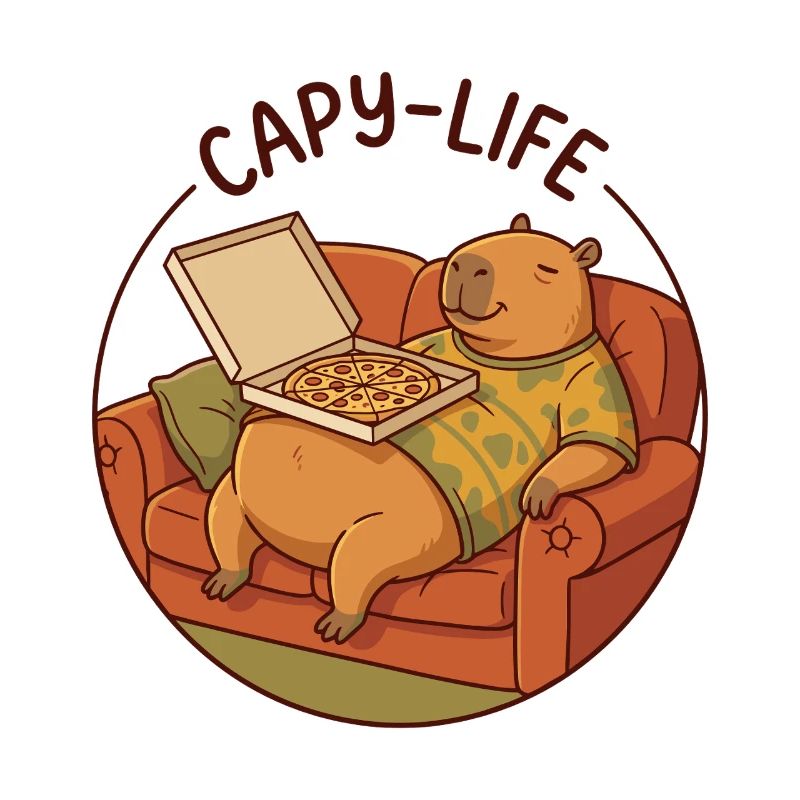 Capybara Sofa mit Pizza gemütliches Tiermotiv
