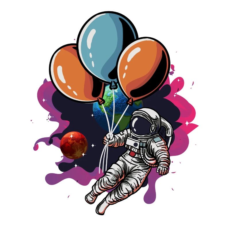 Astronaute avec essaim de ballons dans l’espace