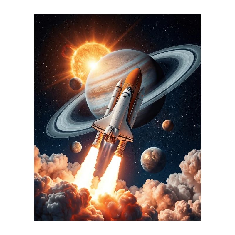 Rocket through Saturn's rings in space