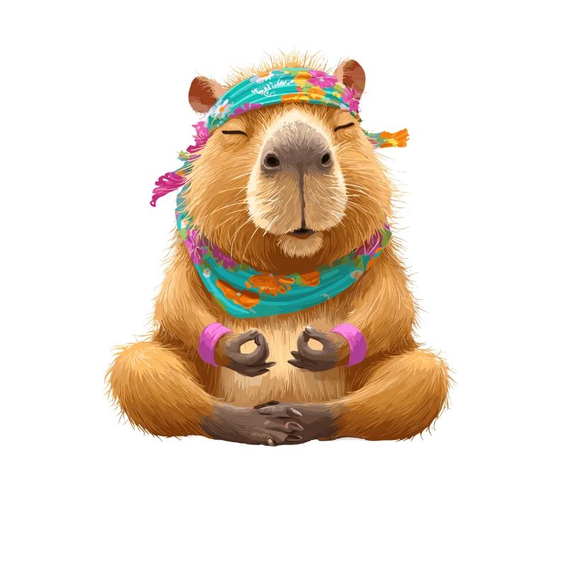 Capybara mit Blumenkranz in Meditationspose