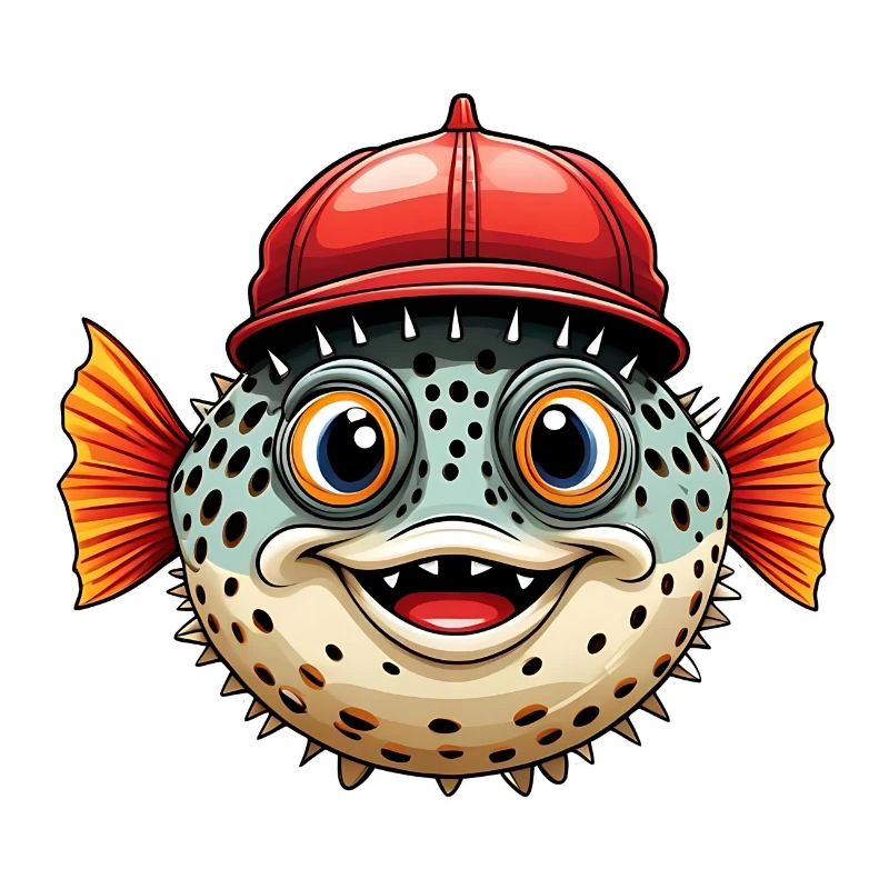 Drôle de poisson-globe avec casquette de baseball rouge