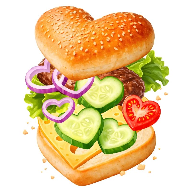 Burger in Herzform Illustration mit Gemüse 