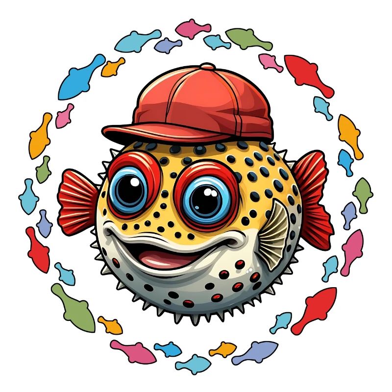 Poisson-globe avec casquette de baseball rouge et poisson coloré