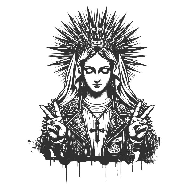 Mutter Gottes Maria als Punk mit Lederoutfit