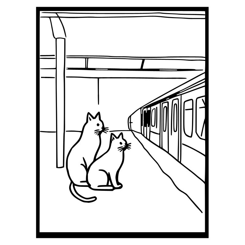 Cats Train Station Waiting Line Art