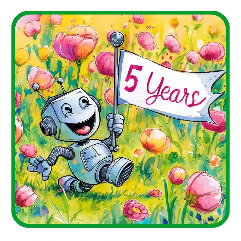 5 ans, 5e anniversaire robot sur prairie fleurie