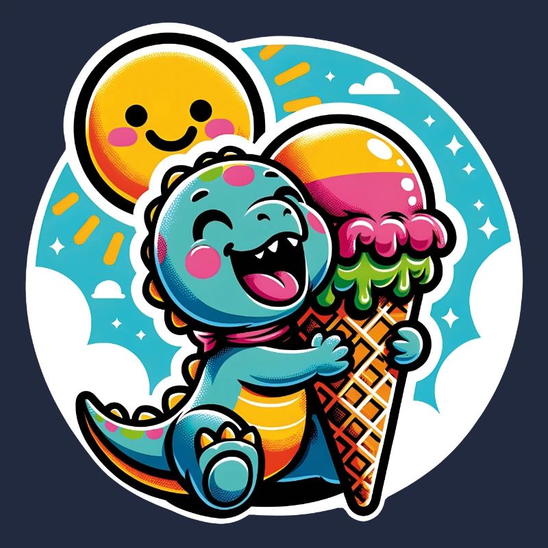 Petit dino mignon avec un grand cornet de crème glacée coloré