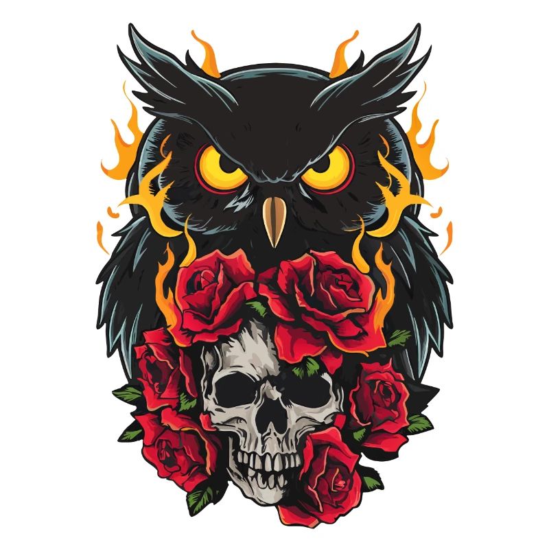 Mystische Eule sitzt auf Skull mit roten Rosen
