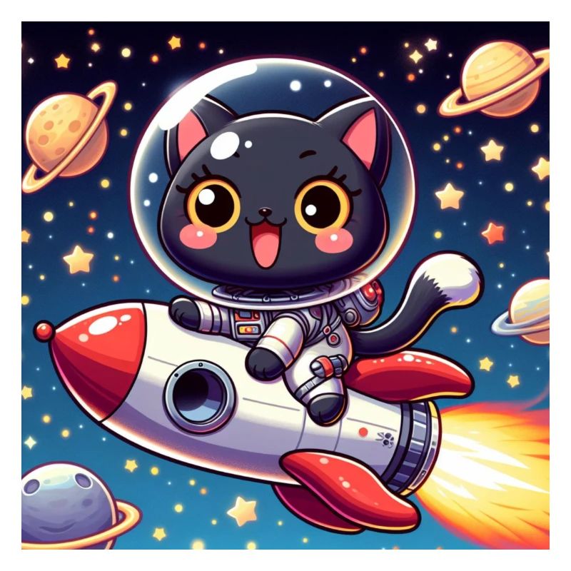 Chat mignon de l’espace sur une fusée dans l’espace