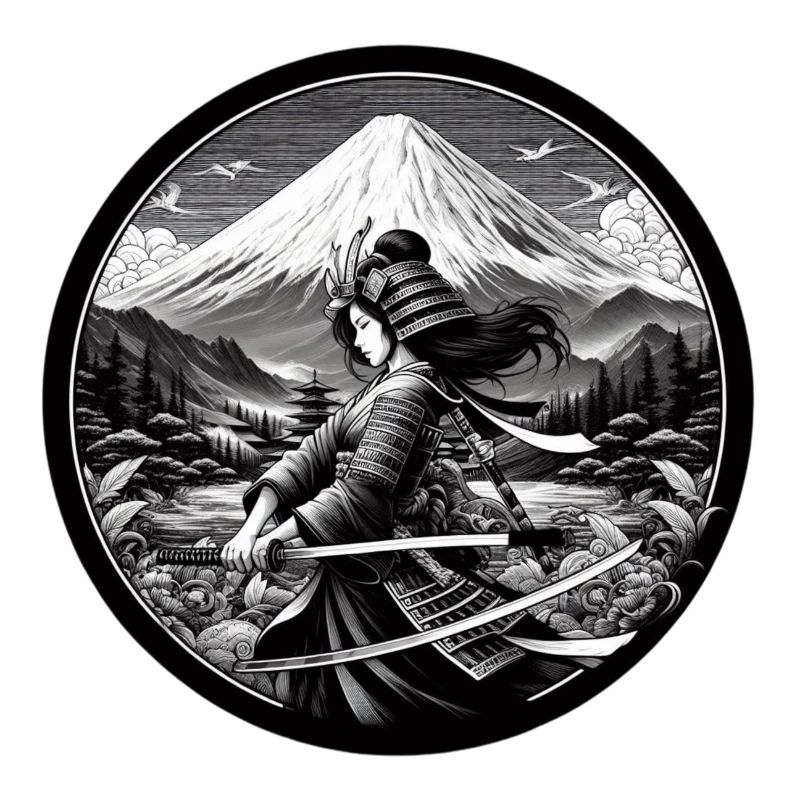 Femme Samouraï avec katana devant Fuji