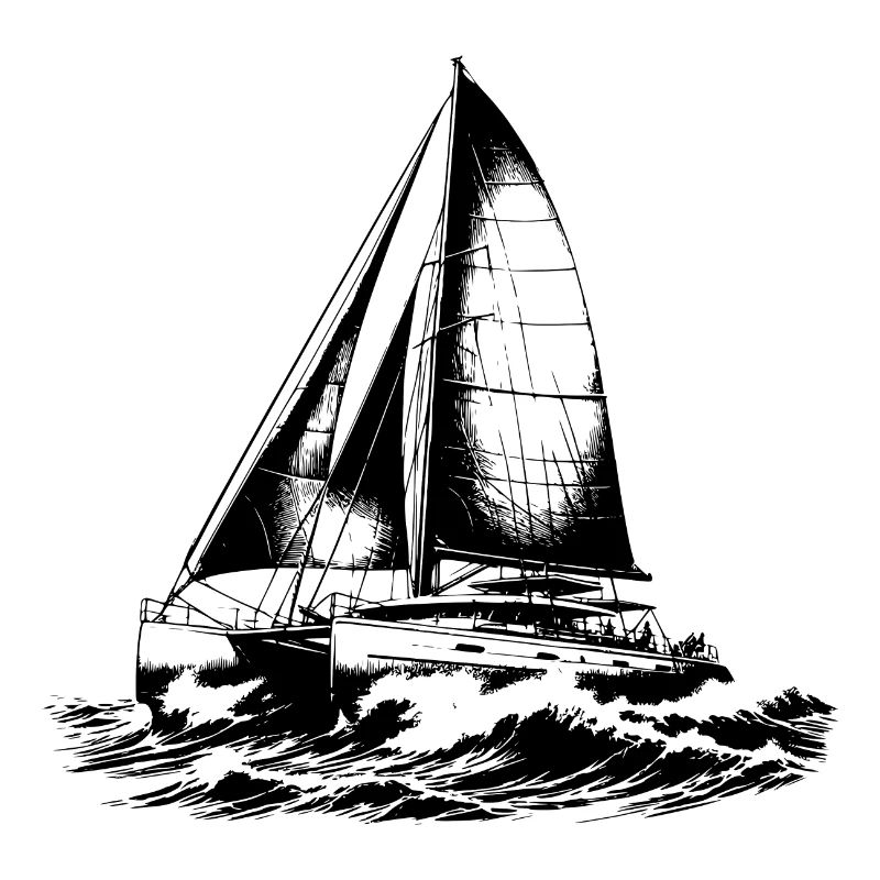 Chic catamaran in waves under sail wind
