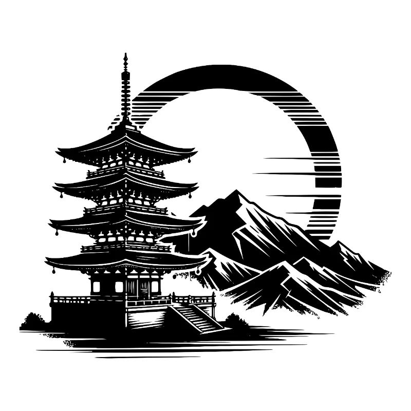 Pagode japonaise avec des montagnes en arrière-plan