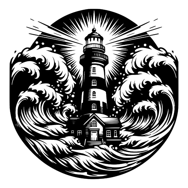 Phare côtier rayé dans une mer agitée