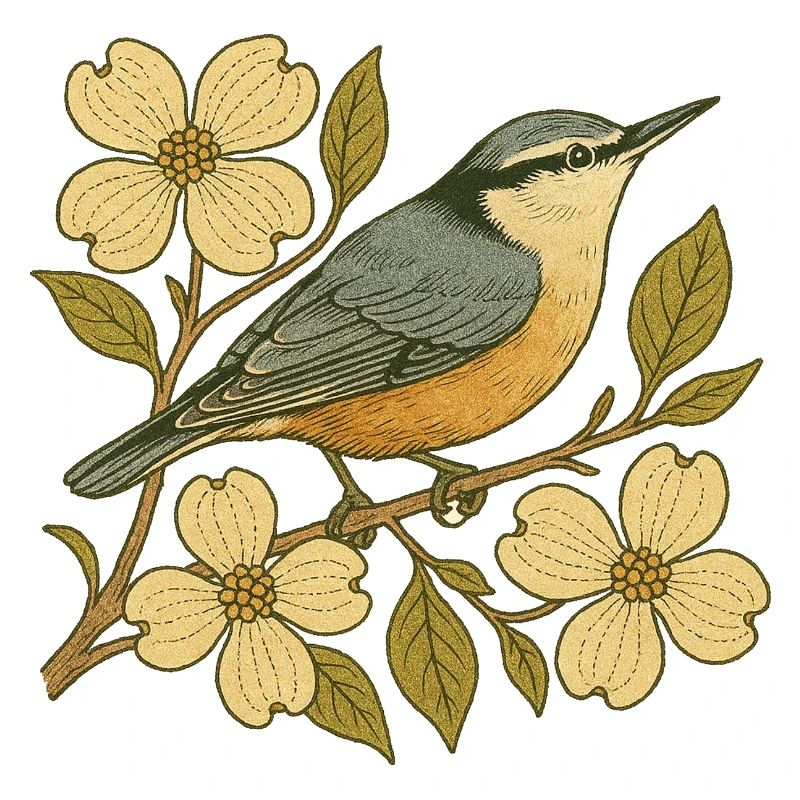 Nuthatch on Blossoming Branch – Vintage Bird