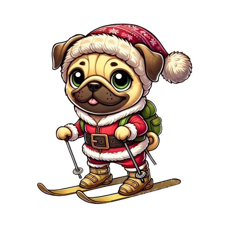Pug on skis winter fun Christmas