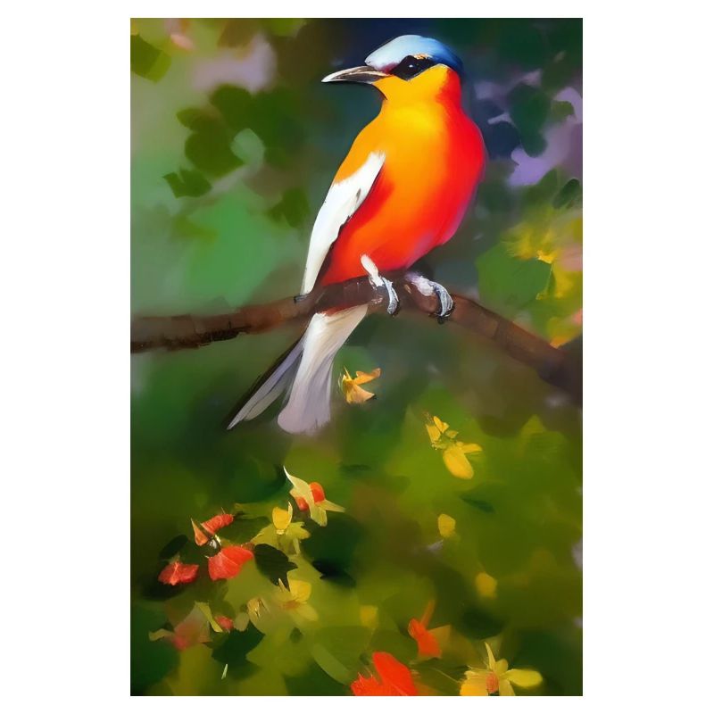Vogel auf Ast mit bunten Blüten