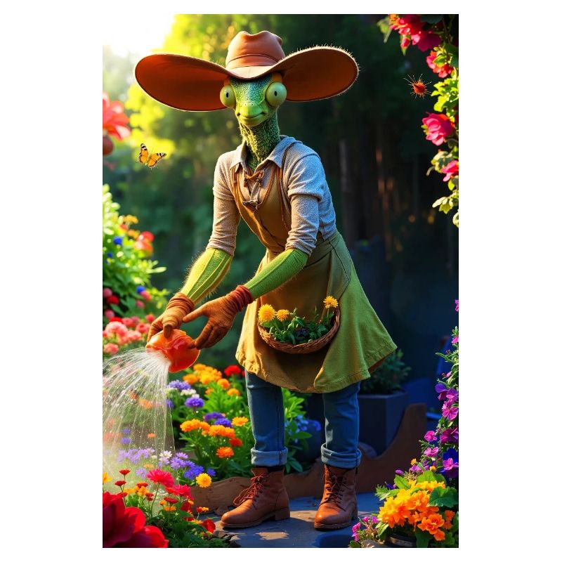 Humanoide Gartenmantis mit Scheunenhut