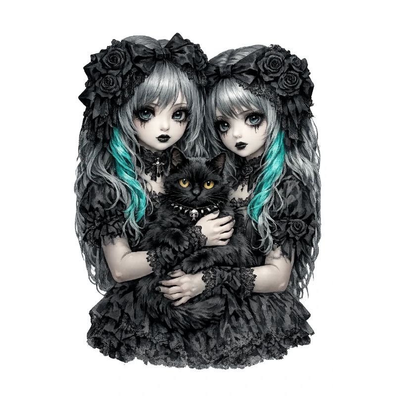 Gothic twins and black cat