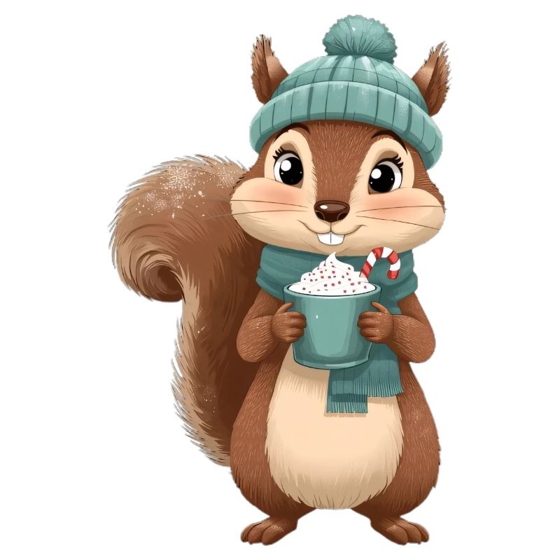 Winterliches Eichhörnchen mit Heißgetränk