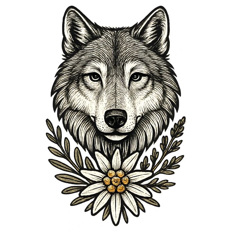 Wolf head with flower wreath