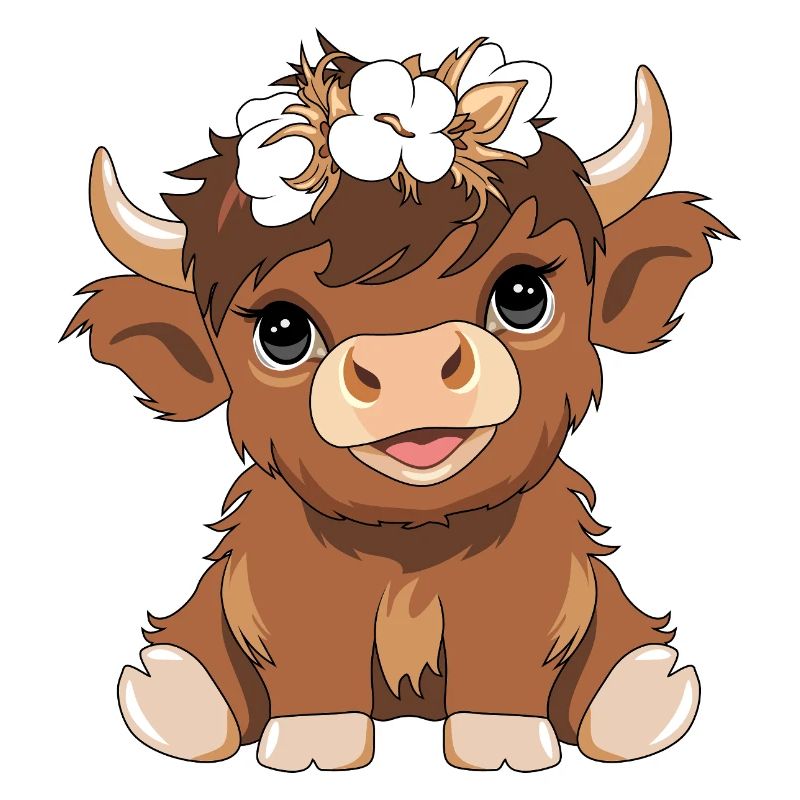 Mignon bébé vache des hautes terres avec une couronne de fleurs