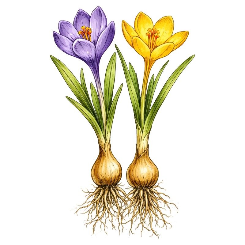 Crocus jaunes et violets avec des oignons