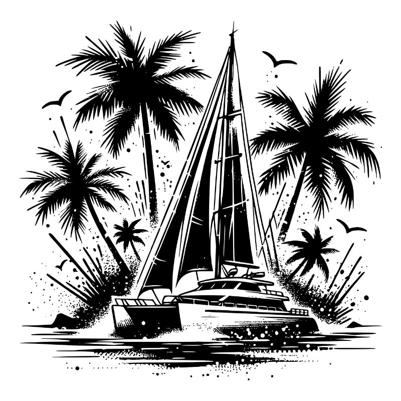Palm trees with double hull catamaran sailing boat