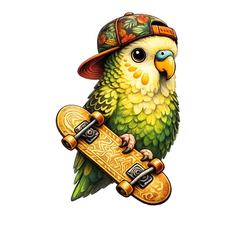 Cooler Skatebird – Papagei mit Cap & Skateboard
