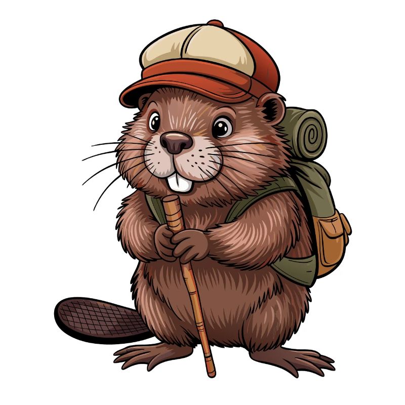 Funny beaver with hiking poles and backpack